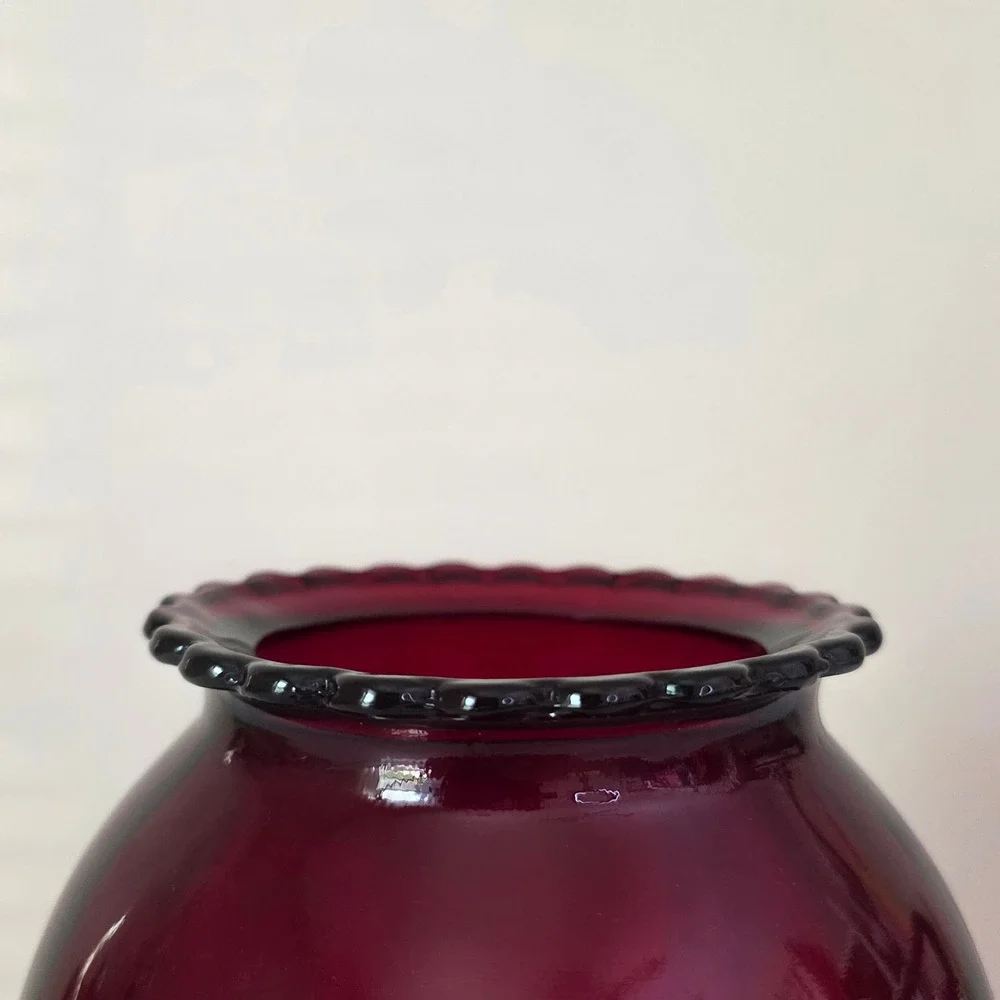 Vintage Anchor Hocking Glass Ruby Red Vase Home Decor 8.5in Crimped Rim
